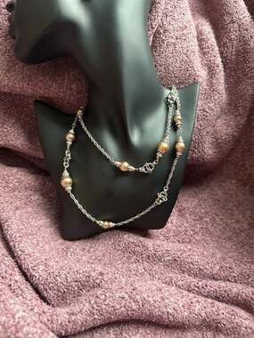 LOFT Double Strand Silver Tone Chain Necklace with Champagne Pearls and Rhinesto